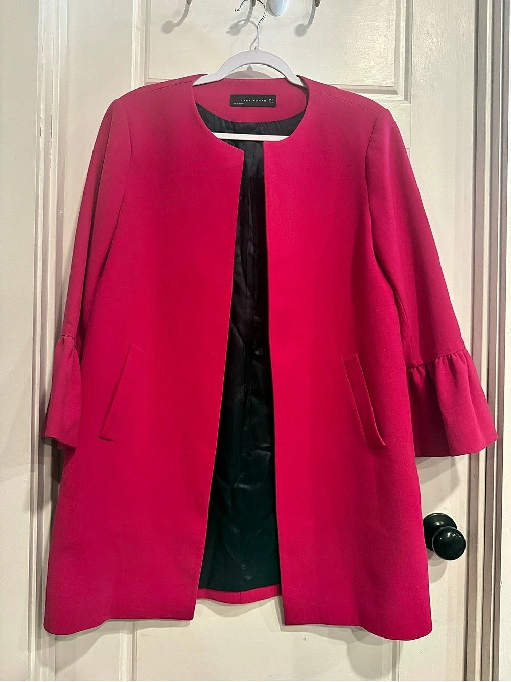 Zara Woman Pink Fuchsia Bell Sleeve Collarless Long Blazer Coat Size L